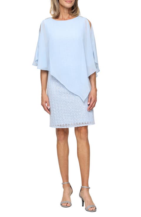 Sequin Open Stitch Cocktail Dress with Cape Overlay