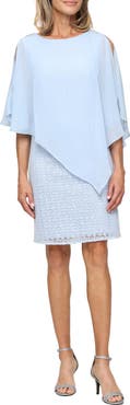 SL FASHIONS Sequin Open Stitch Cocktail Dress with Cape Overlay