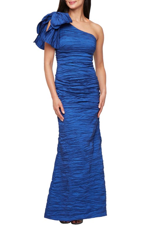 Alex Evenings Bow Detail One-shoulder Ruched Satin Gown In Blue