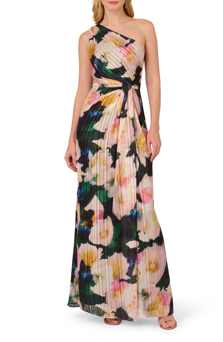 Adrianna Papell Pleated Floral One-Shoulder Chiffon Gown, Main, color, Black/ Blush Multi