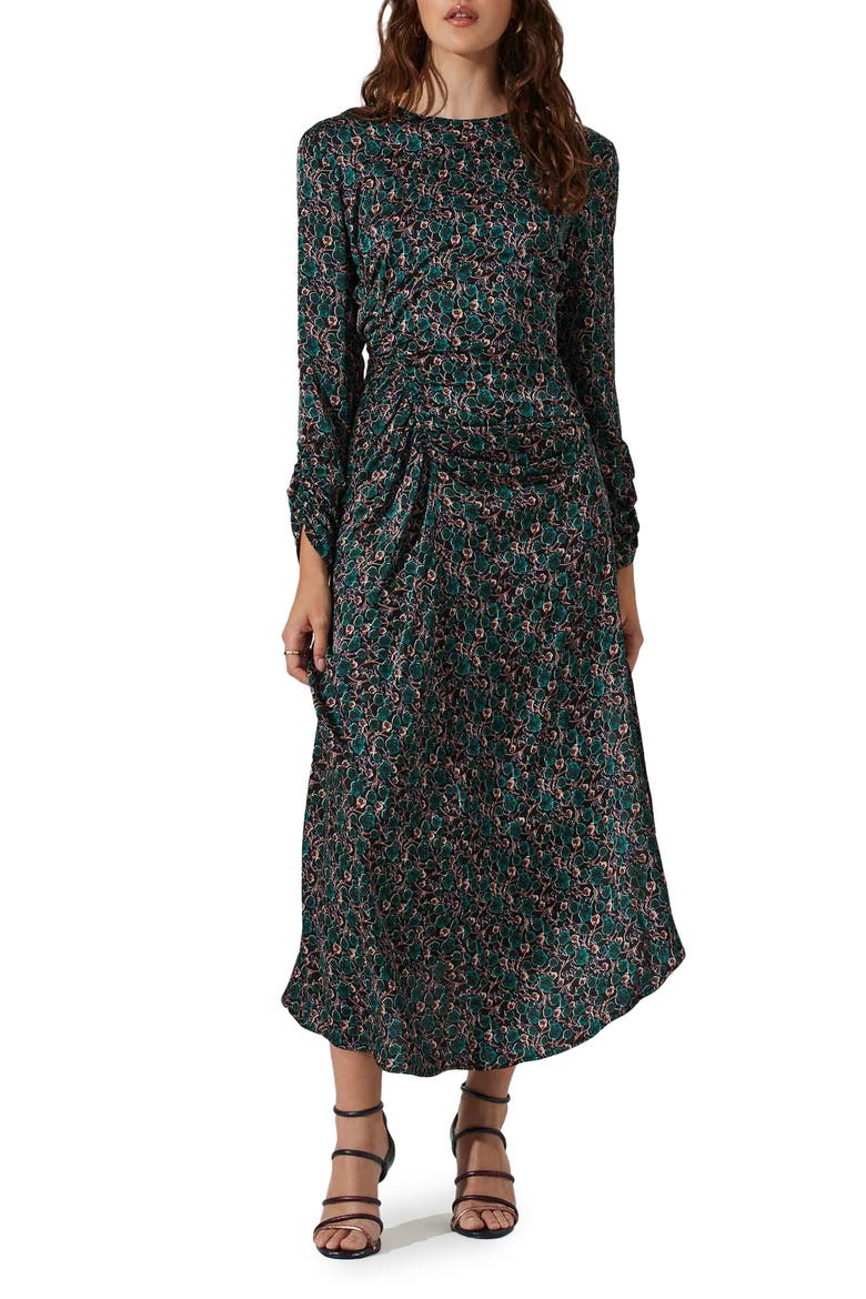 Ruched Long Sleeve Midi Dress, Main, color, BLK GRE FL