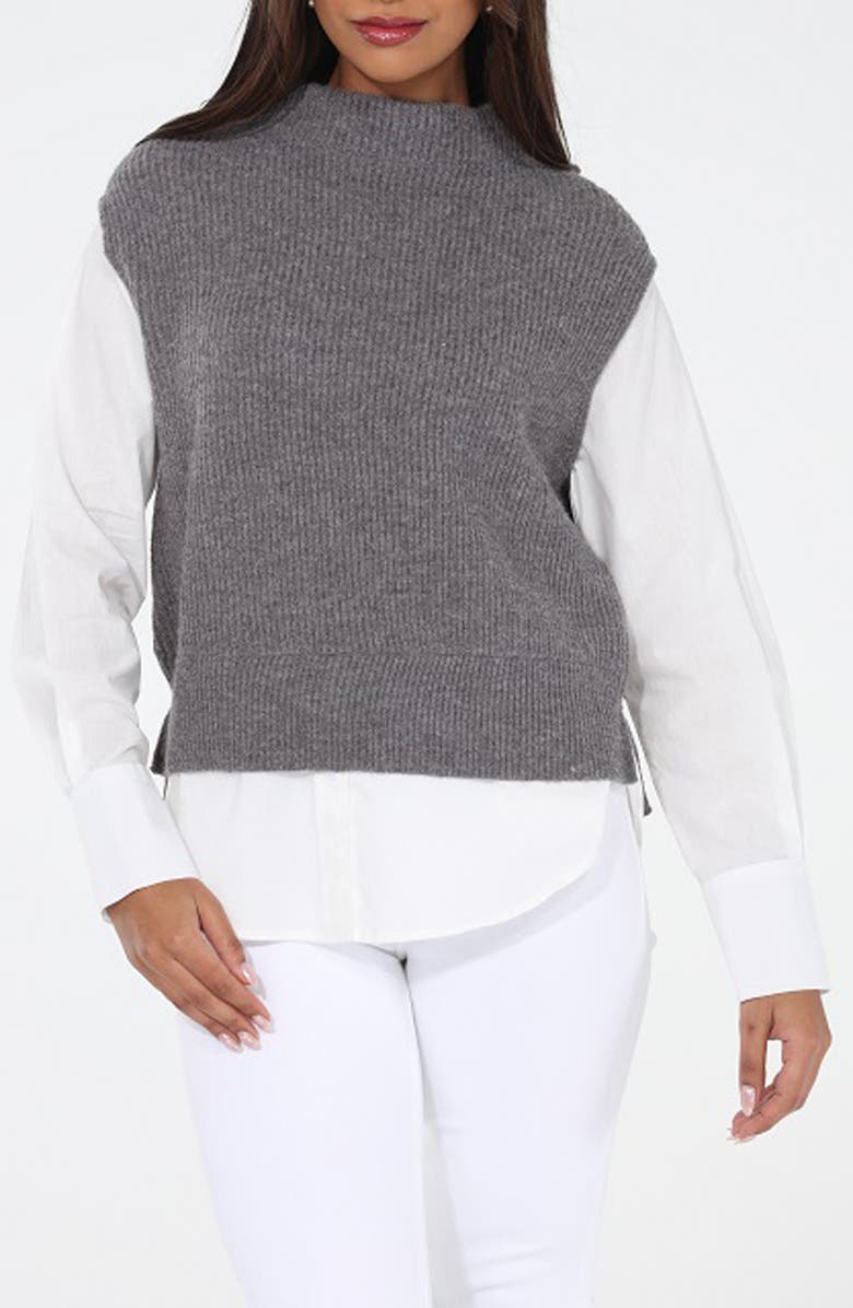 RAIN AND ROSE Mixed Media Layered Look Funnel Neck Sweater Vest, Main, color, Grey