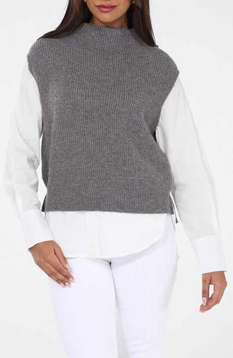 Mixed Media Layered Look Funnel Neck Sweater Vest