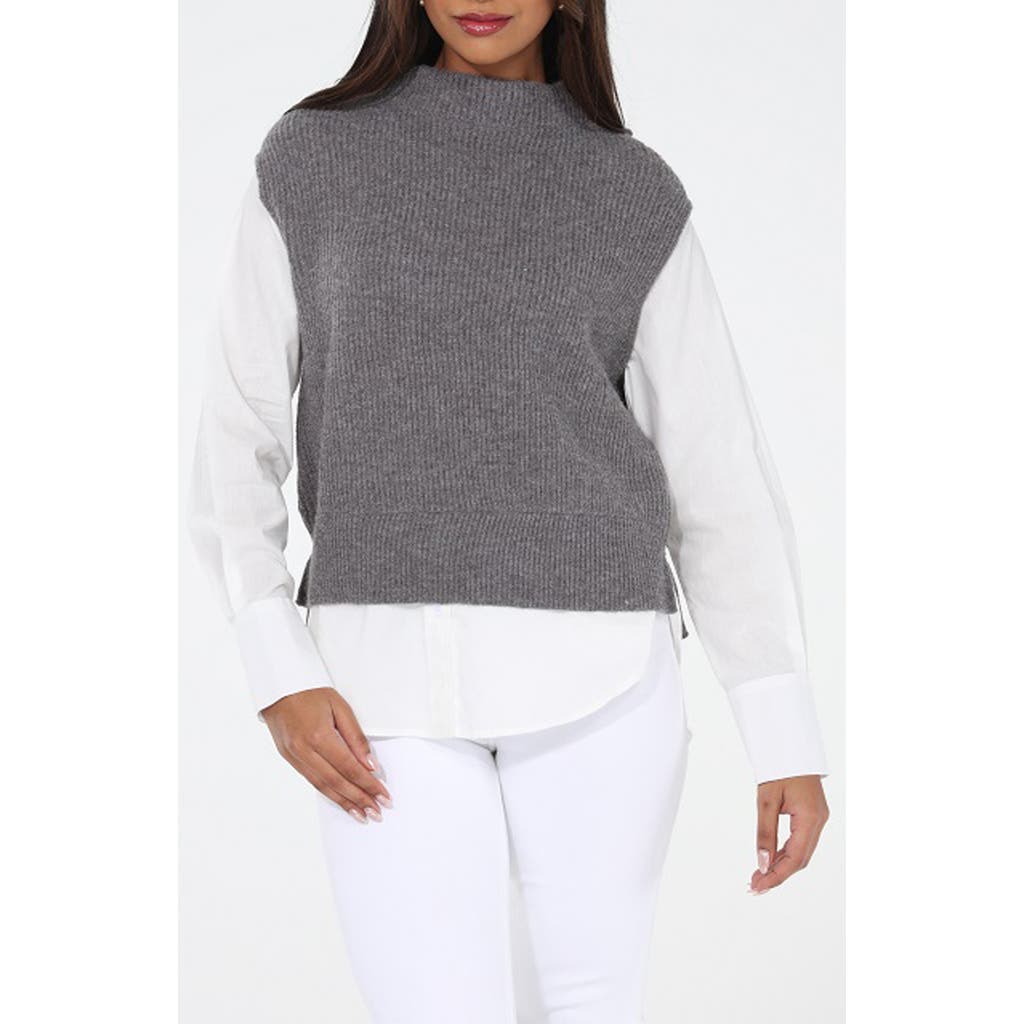 Rain And Rose Mixed Media Layered Look Funnel Neck Sweater Vest In Gray