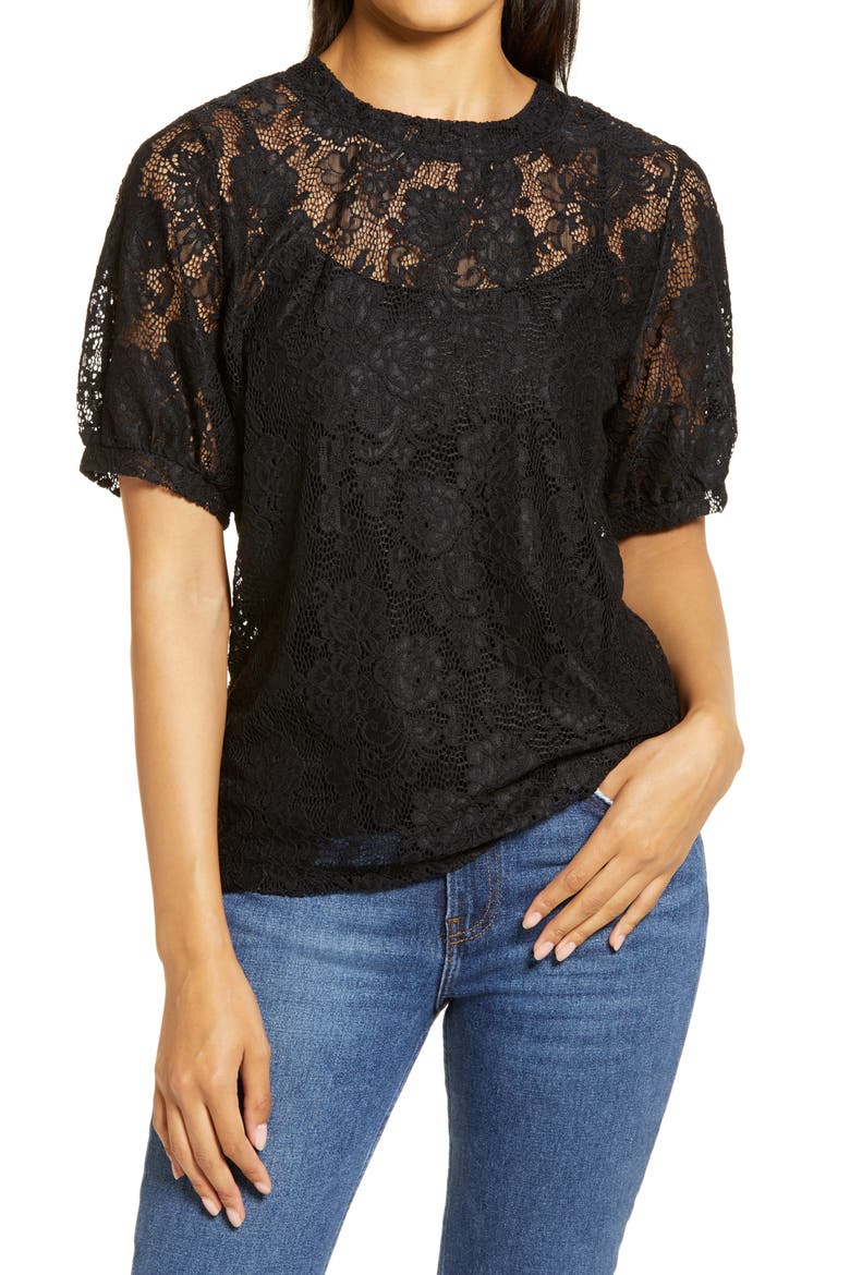 Grosgrain Tie Back Lace Top, Main, color, BLACK