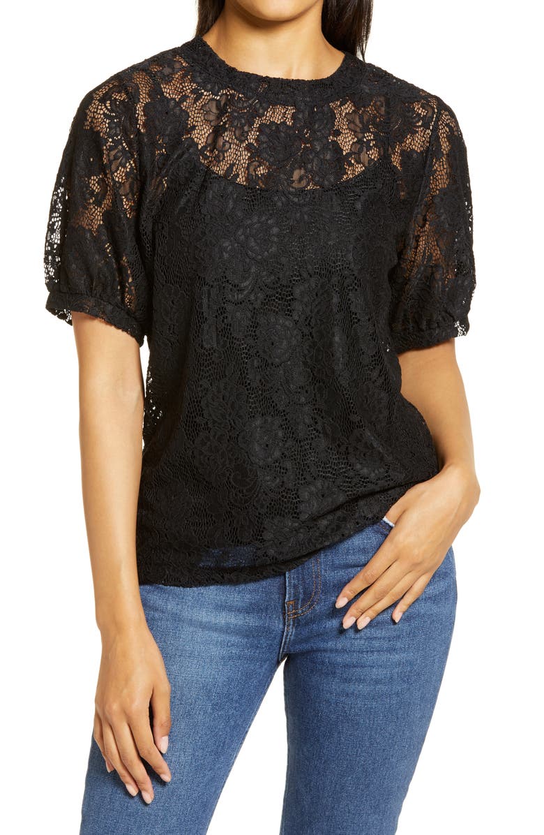 Halogen<sup>®</sup> Grosgrain Tie Back Lace Top, Main, color, 