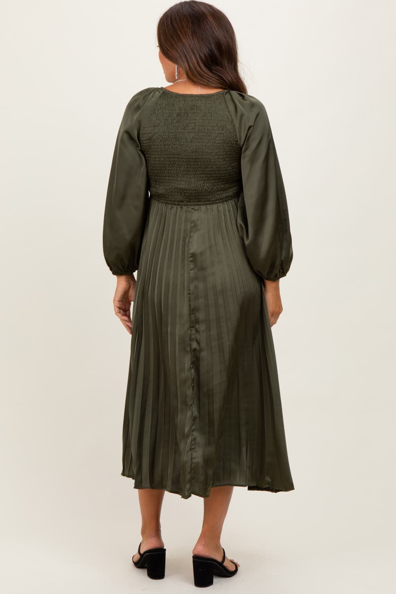 Satin Smocked Pleated Midi Dress, Alternate, color, Olive Green