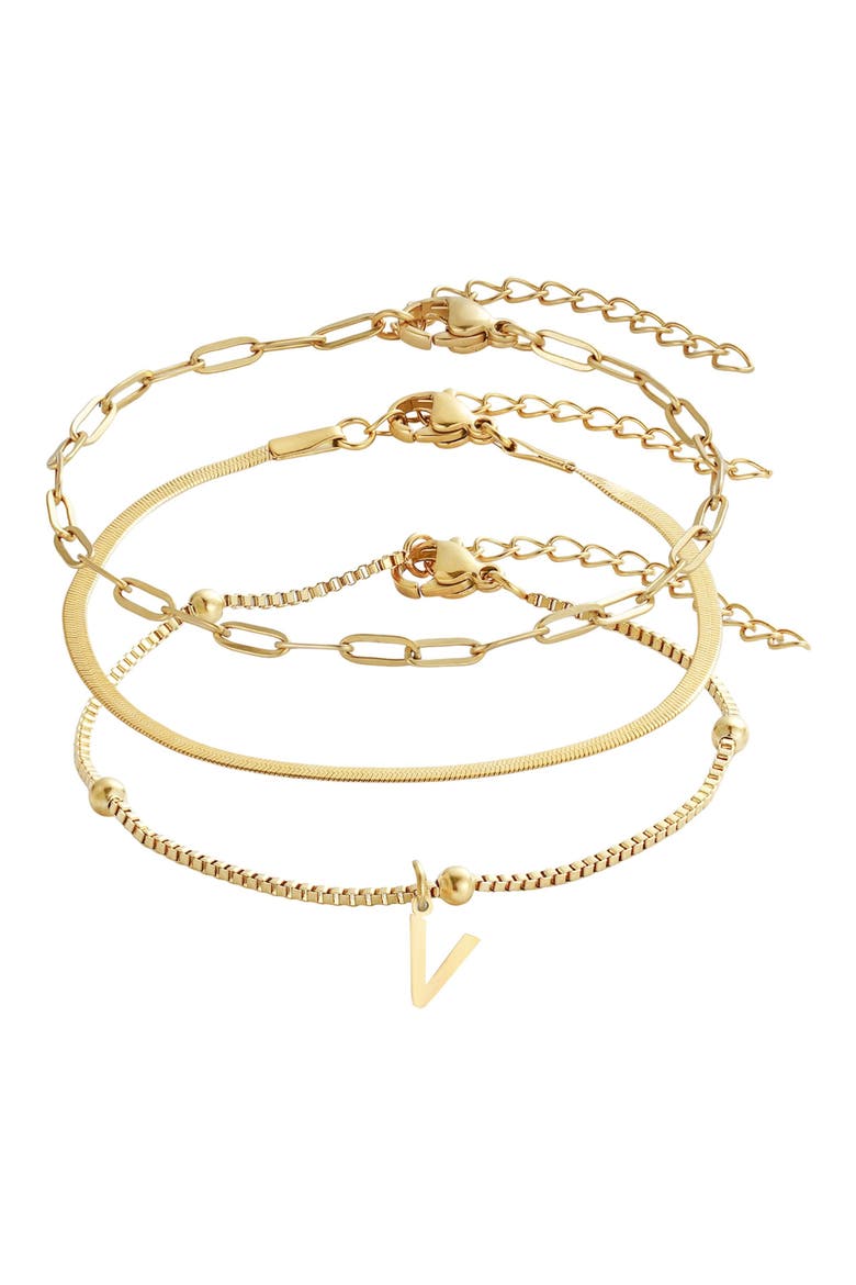 Set of 3 Tarnish Resistant 18K Gold Plated Chain Bracelets, Main, color, GOLD-V