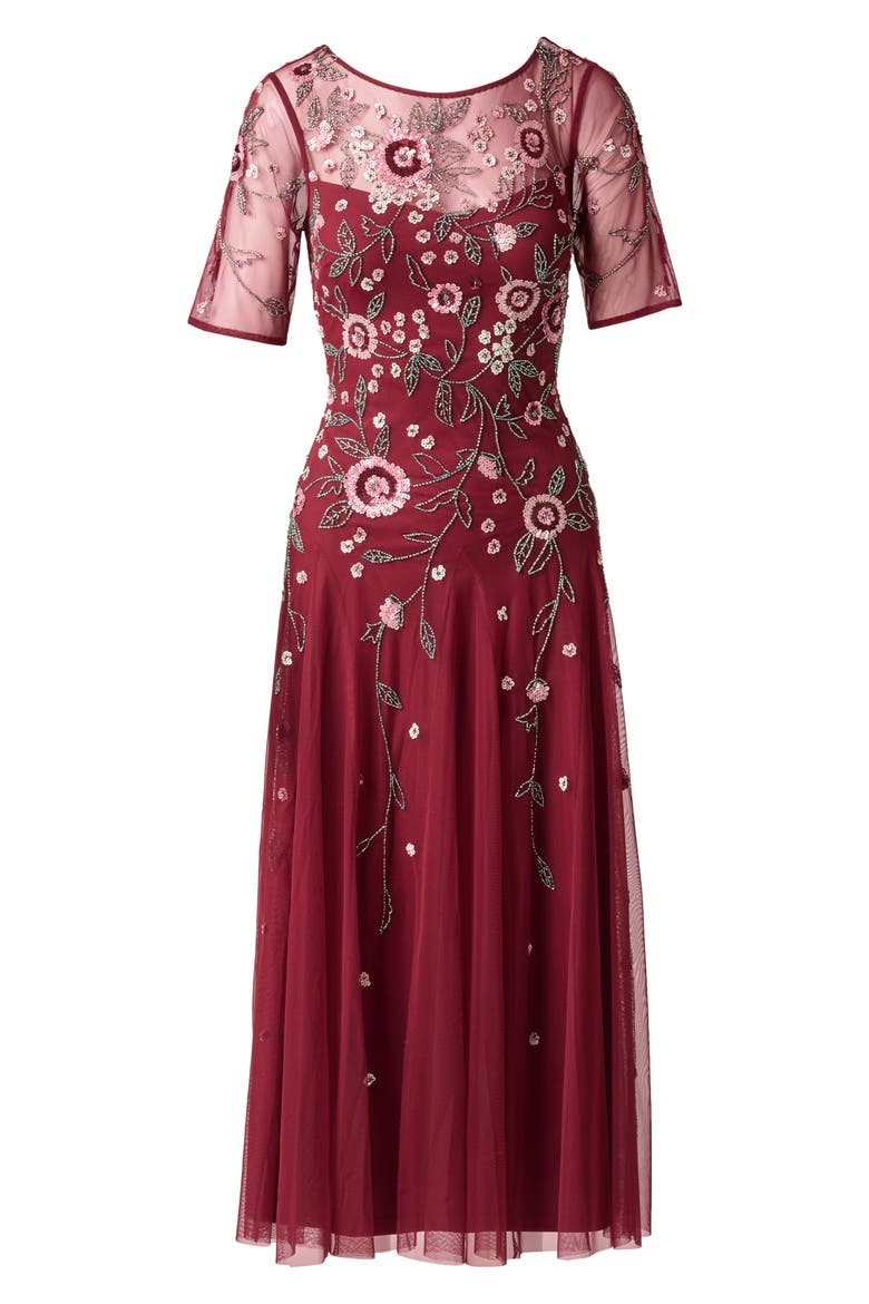 Beaded Flutter Sleeve Mesh Cocktail Dress, Alternate, color, MAHOGANY