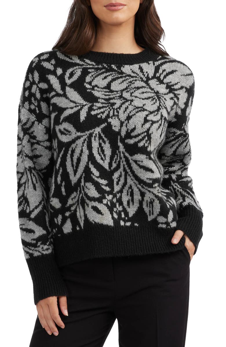 Ellen Tracy Floral Jacquard Sweater, Main, color, Black