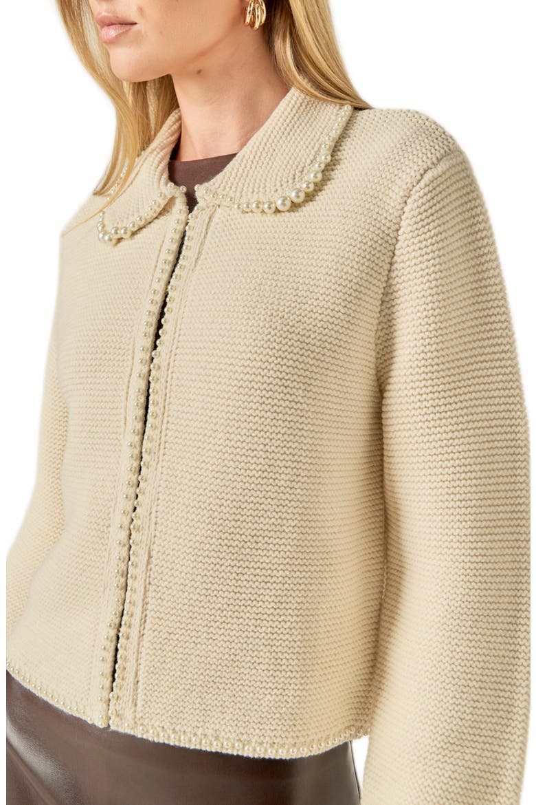 Faux Pearl Trim Collared Cardigan, Alternate, color, IVORY