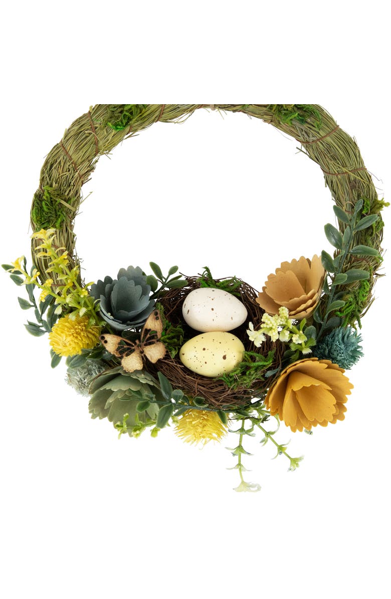 Northlight 12" Easter Egg and Bird Nest Wreath with Wooden Flowers, Alternate, color, Green