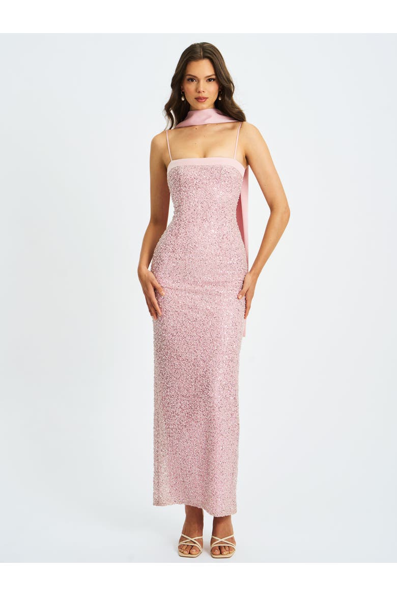 Raizel Beaded Sequin Bodycon Gown with Scarf, Alternate, color, Pink