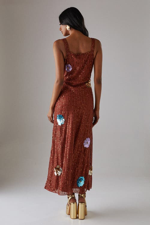 Warehouse Hand Embellished Flower Burst Midi Dress In Brown