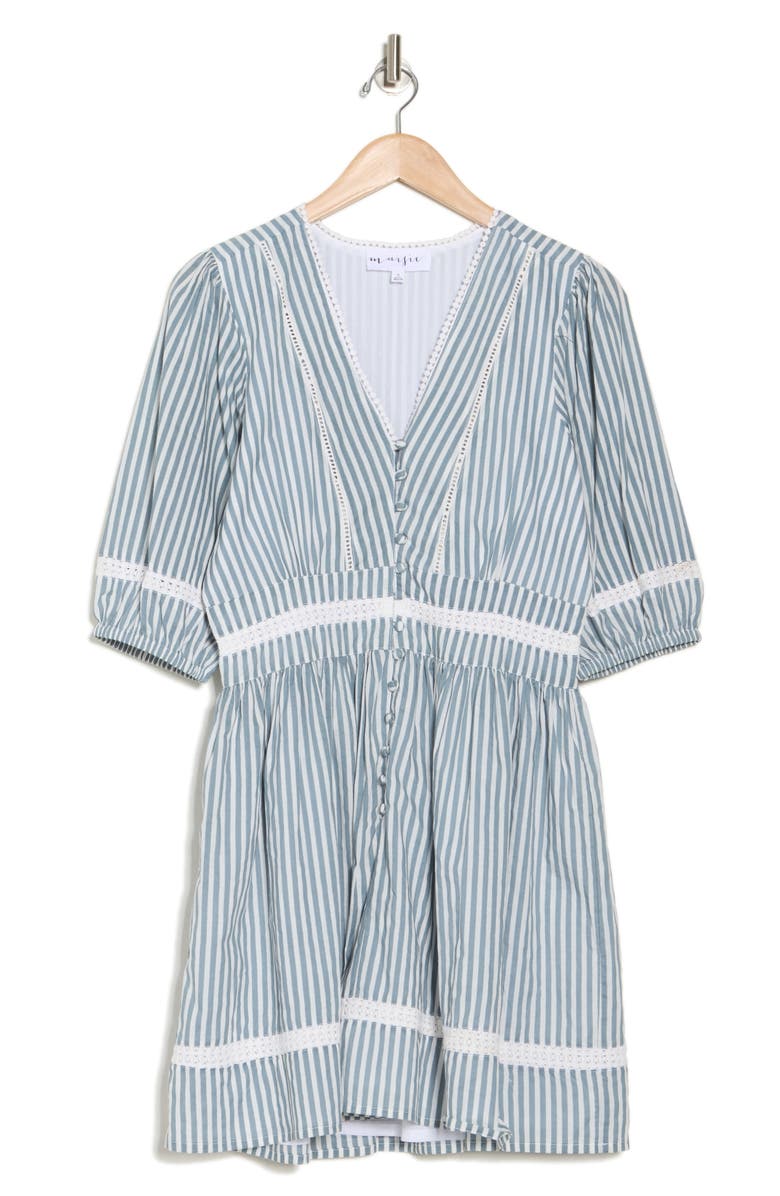 Maisie Stripe Puff Sleeve Lace Trim Fit & Flare Dress, Alternate, color, 