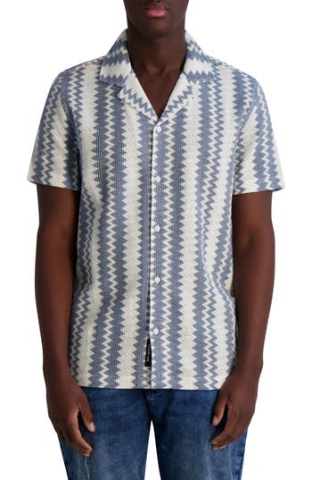 Karl Lagerfeld Paris Zigzag Knit Short Sleeve Shirt In White Blue