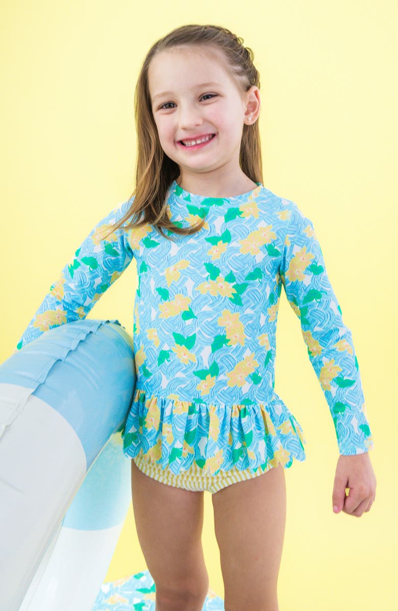 RuffleButts Kids' Blooming Basket Long Sleeve UPF 50+ Two-Piece Rashguard Swimsuit, Alternate, color, Blue