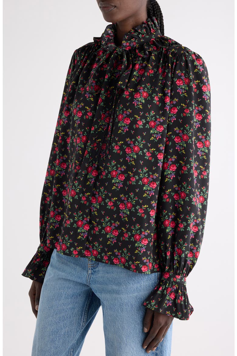 Print Silk Crêpe de Chine Button-Up Shirt, Alternate, color, MULTI COLOR BLACK
