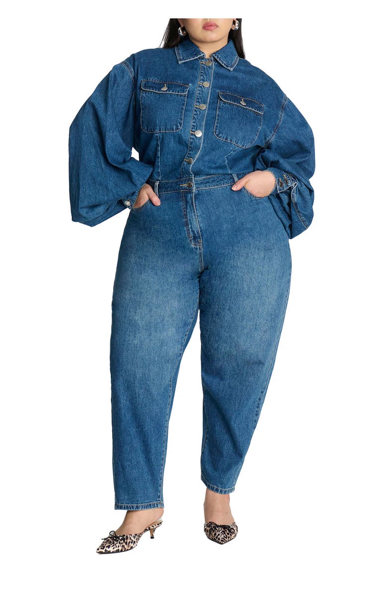 ELOQUII Barrel Leg Denim Jumpsuit, Main, color, Light Blue Wash