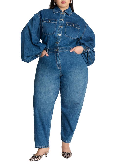 Barrel Leg Denim Jumpsuit (Plus Available)