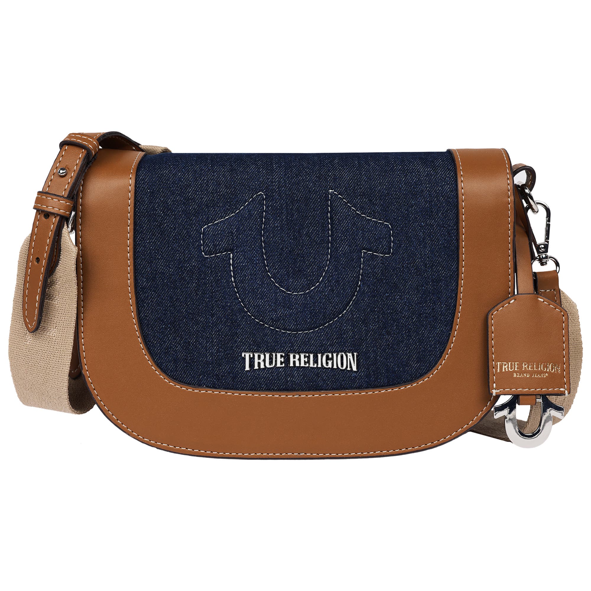 True Religion Denim Raised Horseshoe Crossbody Flap, Main, color, Denim