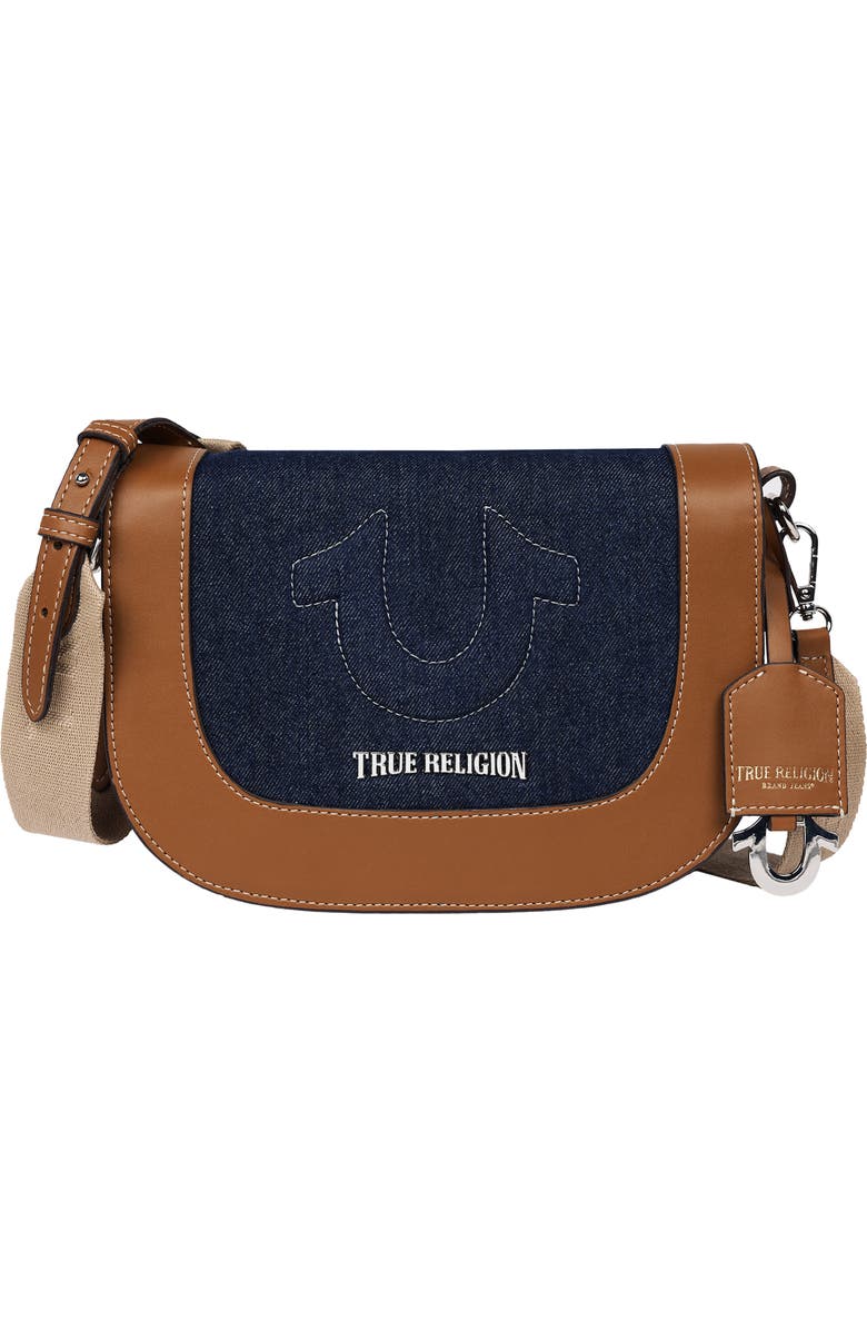True Religion Denim Raised Horseshoe Crossbody Flap, Main, color, Denim