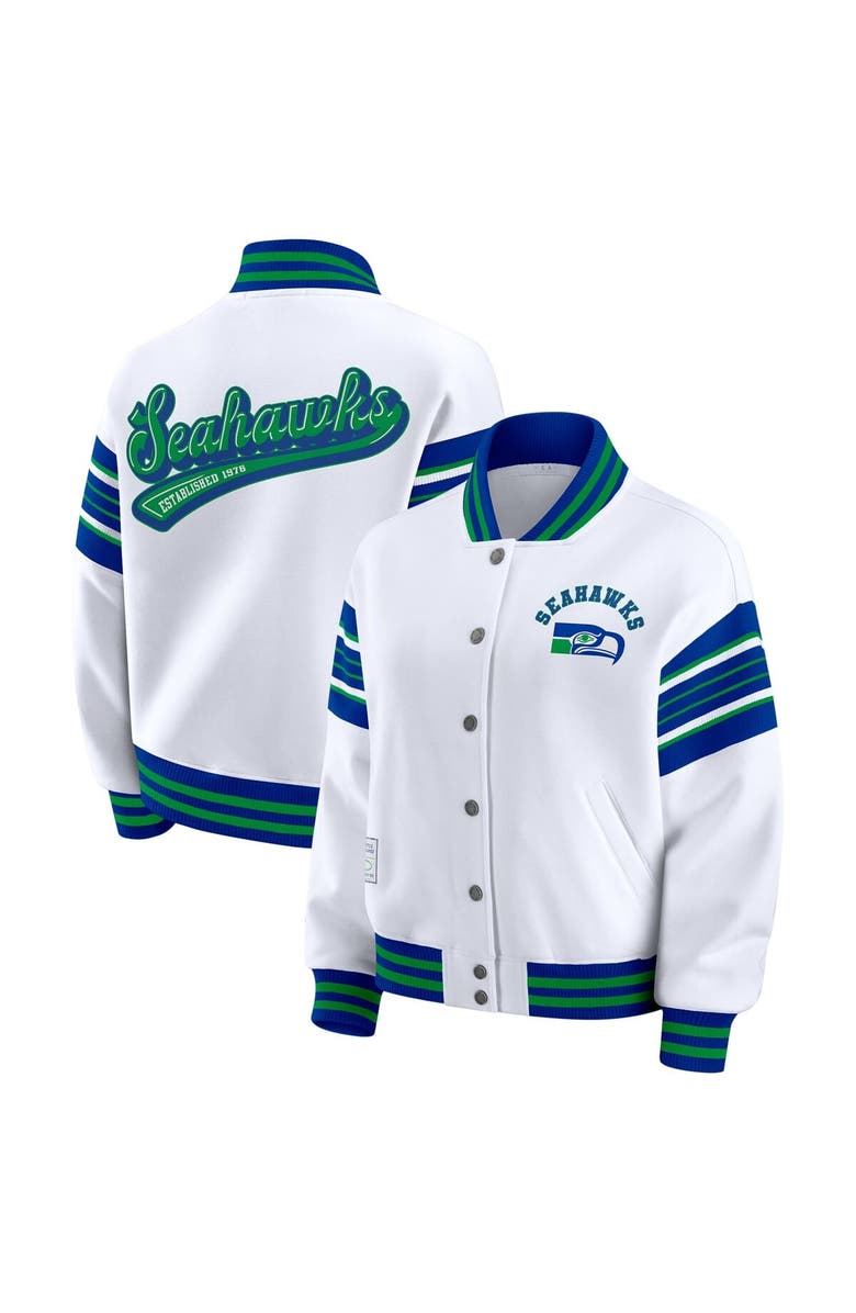 WEAR by Erin Andrews Women's WEAR by Erin Andrews White Seattle Seahawks Plus Size Full-Snap Fleece Sweatshirt Jacket, Main, color, White