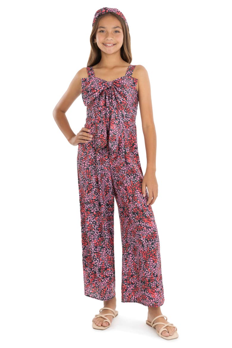 Kids' Floral Bow Front Jumpsuit & Headband Set, Alternate, color, BLACK RED
