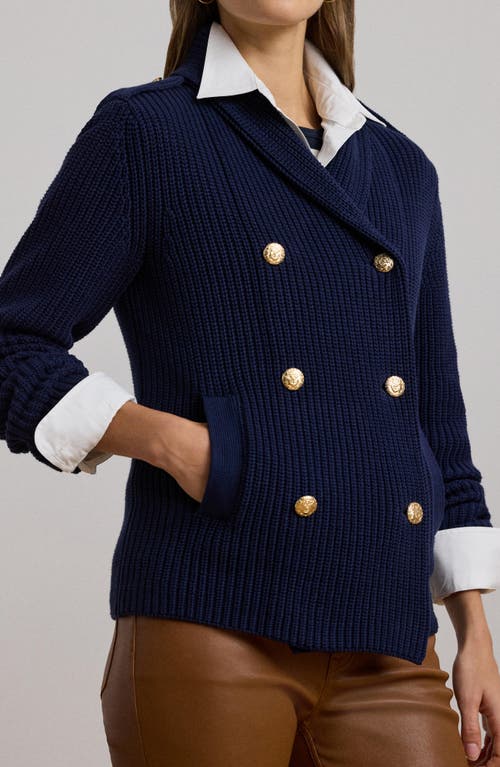 Shop Ralph Lauren Lauren  Wilmat Double Breasted Cotton Cardigan In Refined Navy