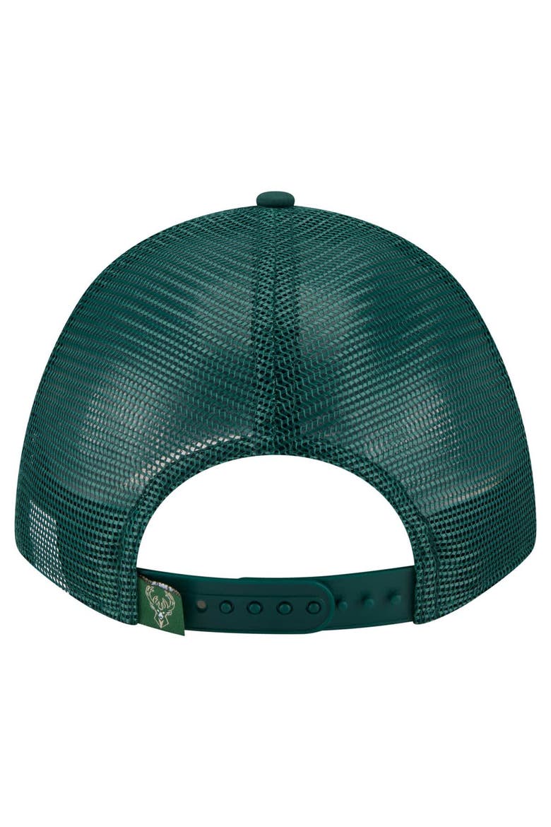 Men's New Era  Hunter Green Milwaukee Bucks Minimalist A-Frame 9FORTY Trucker Hat, Alternate, color, Hunter Green