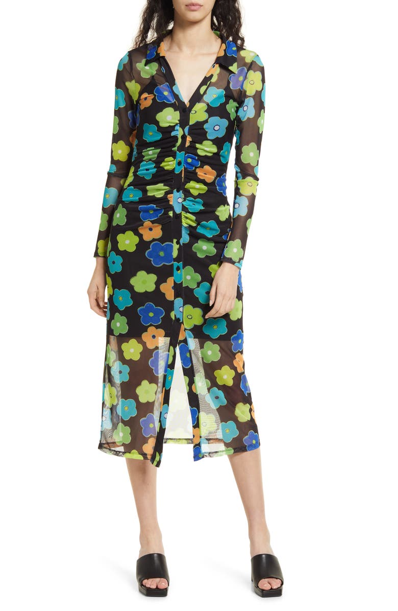 Topshop Floral Print Ruched Mesh Midi Dress, Alternate, color, 