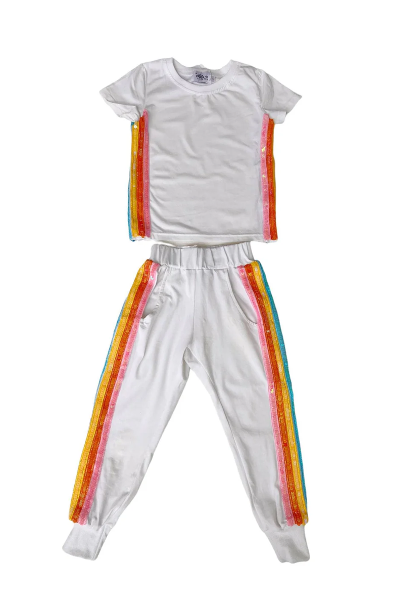 Lola + The Boys Rainbow Sequin Jogger Set, Main, color, White