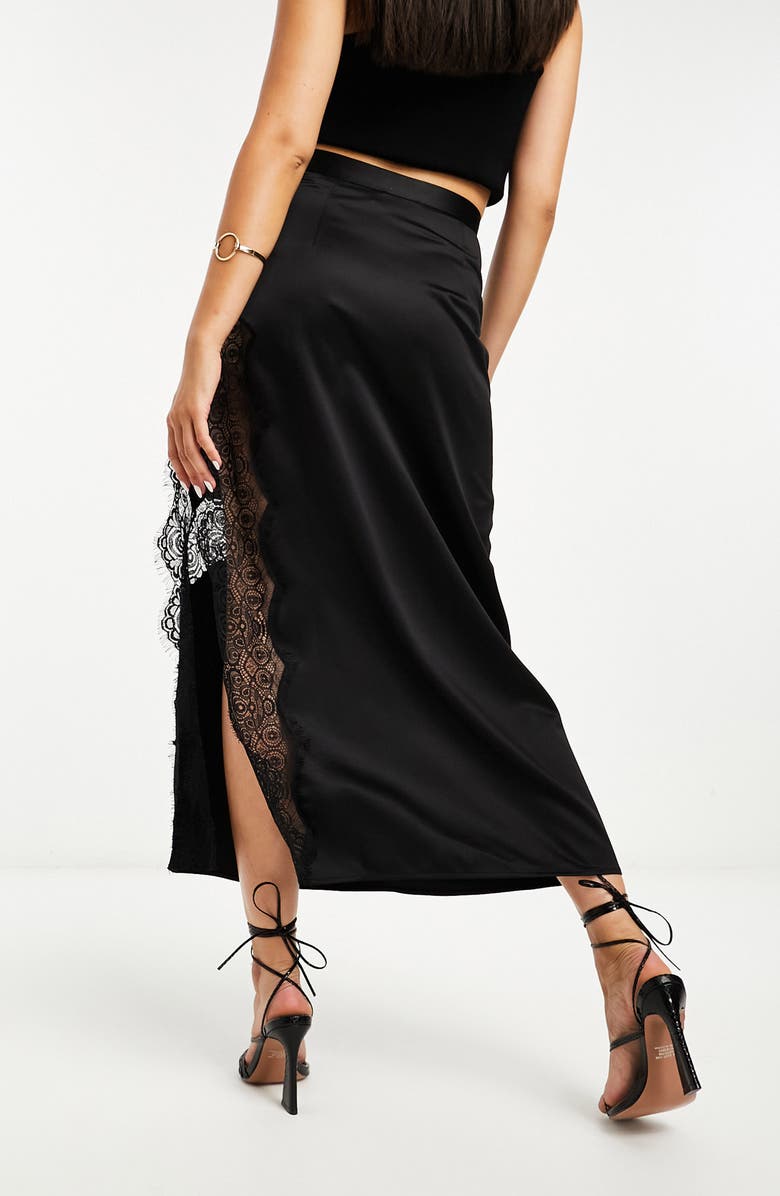 ASOS DESIGN Lace Trim Satin Midi Skirt, Alternate, color, Black
