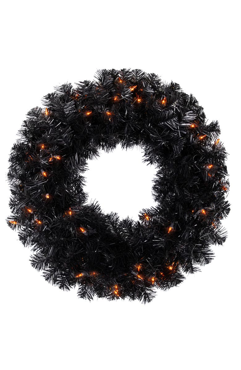 Northlight Pre-Lit Noble Spruce Artificial Halloween Wreath - 24" - Black - Orange Lights, Main, color, 