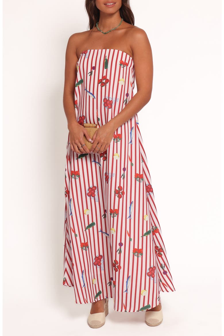 Soph Picnic Print Strapless Maxi Dress, Main, color, RED PICNIC STRIPE