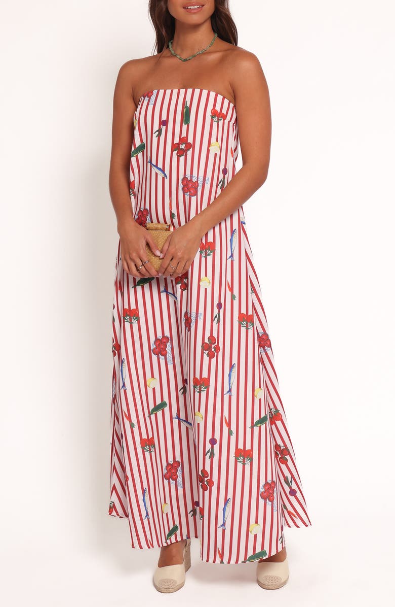 Petal & Pup Soph Picnic Print Strapless Maxi Dress, Main, color, Red Picnic Stripe