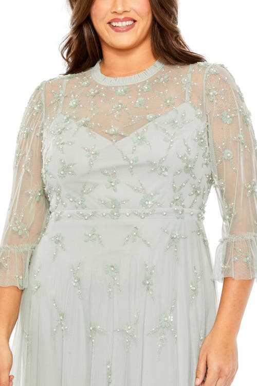 Mac Duggal High Neck Embellished Flutter Half Length Sleeve In Sage