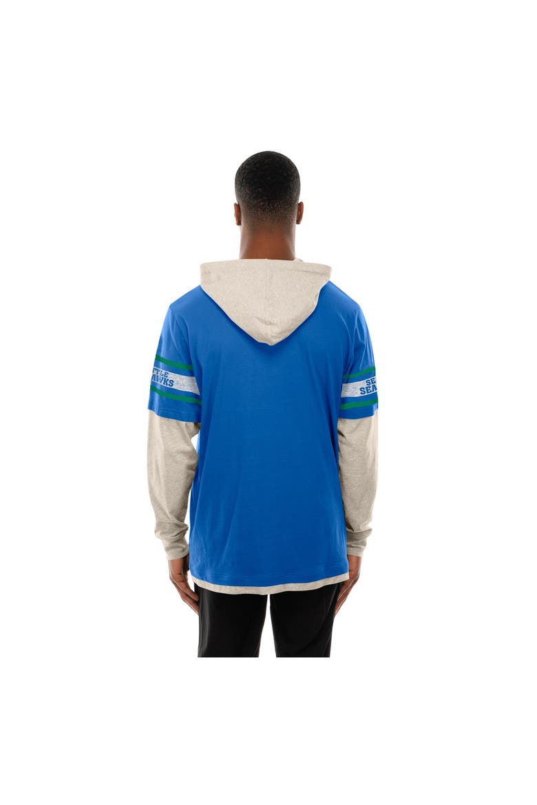Men's New Era  Royal Seattle Seahawks Twofer Layered Long Sleeve Hoodie T-Shirt, Alternate, color, Royal