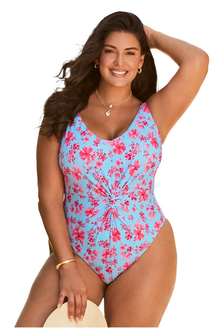 Twist Front V Neck One Piece Swimsuit, Main, color, Horizon In Bloom