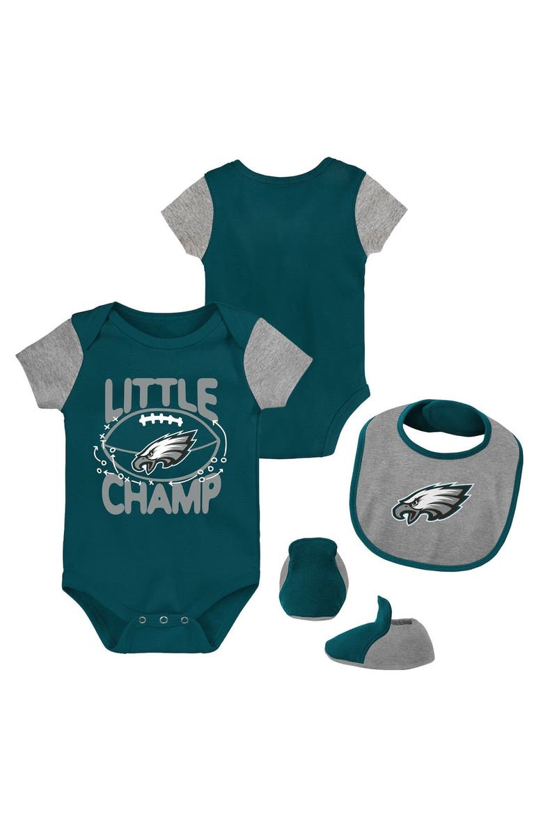 Outerstuff Newborn & Infant Midnight Green/Heathered Gray Philadelphia Eagles Little Champ Three-Piece Bodysuit Bib & Booties Set, Main, color, 