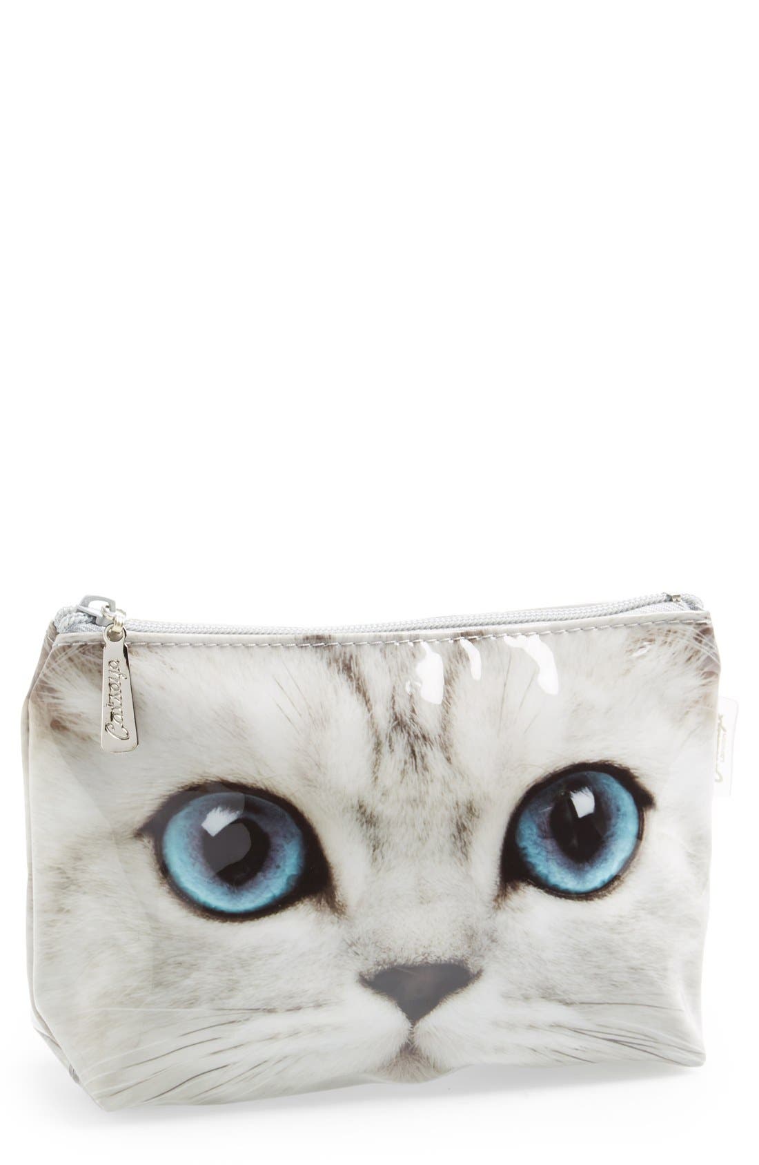 'Small Silver Kitty' Cosmetics Case, Main, color, SILVER KITTY