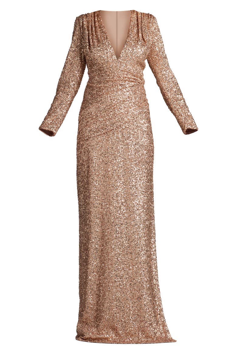 Sequin Ruched Long Sleeve Gown, Alternate, color, COPPER