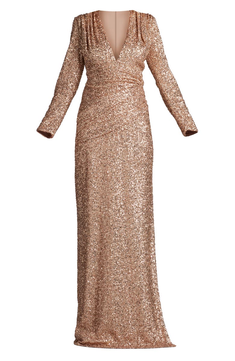 SHO by Tadashi Shoji Sequin Ruched Long Sleeve Gown, Alternate, color, Copper