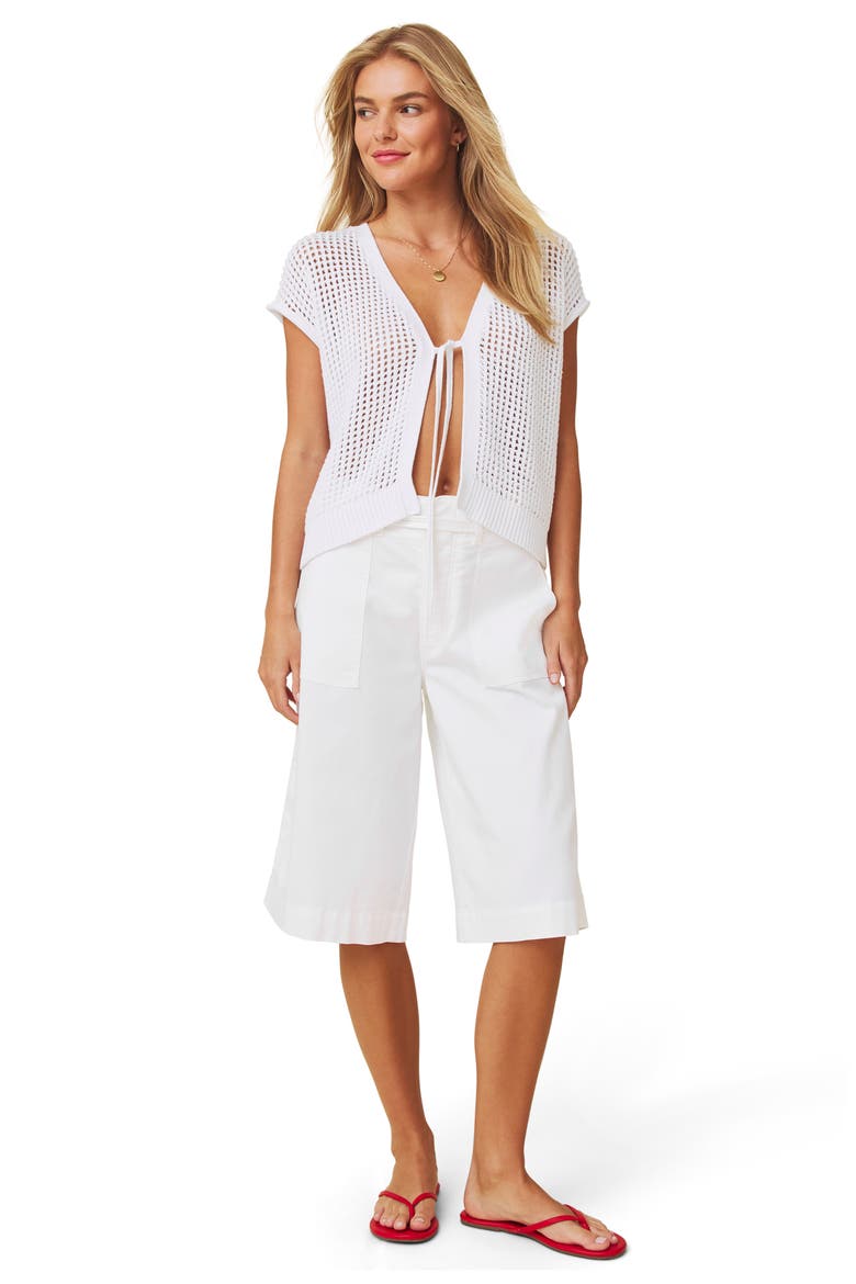Simona Tie Front Short Sleeve Cardigan, Alternate, color, WHITE