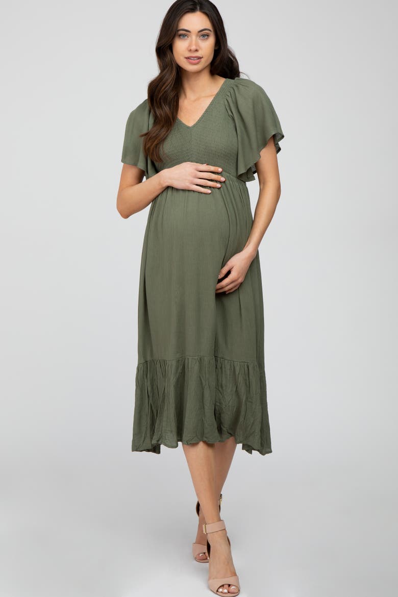 Smocked Ruffle Dress, Main, color, Olive Green