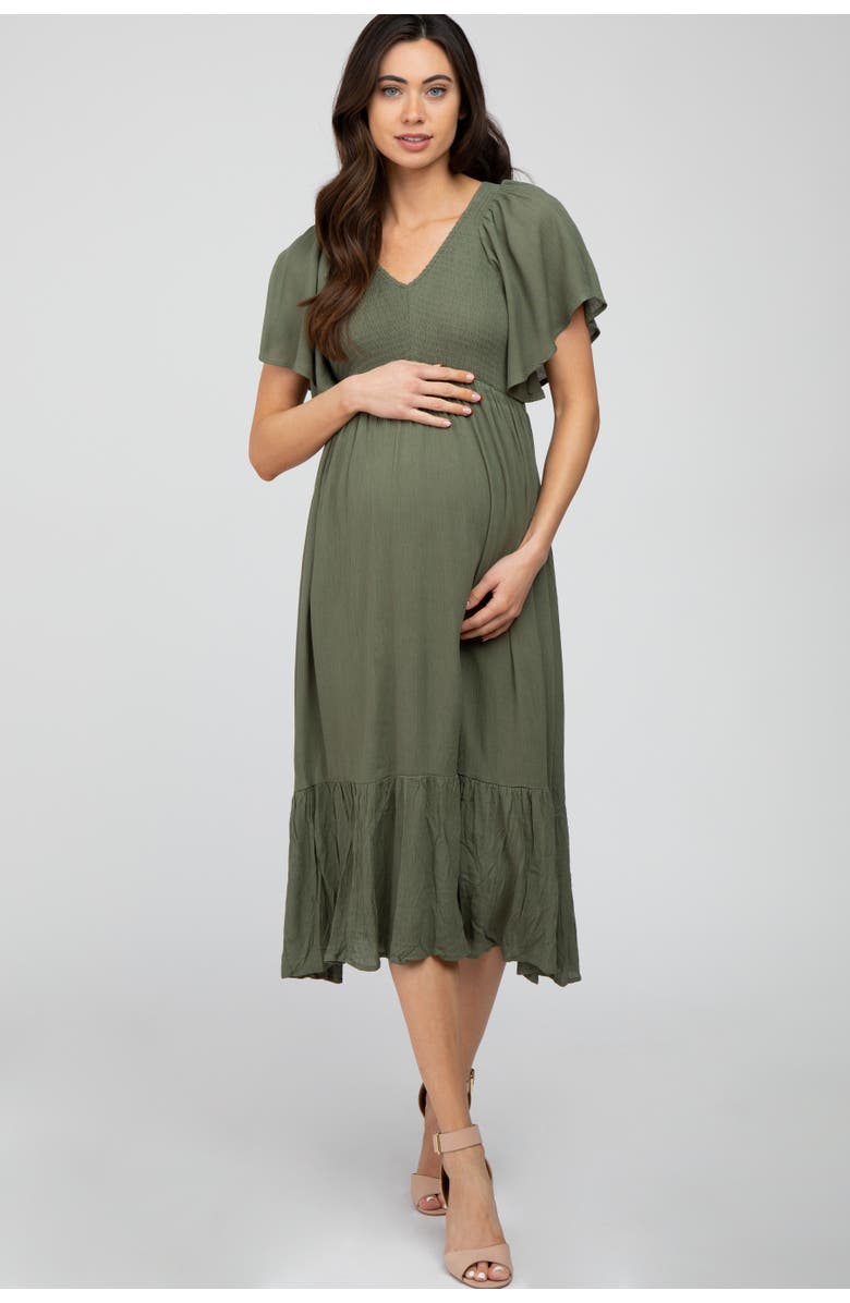 PinkBlush Smocked Ruffle Dress, Main, color, Olive Green