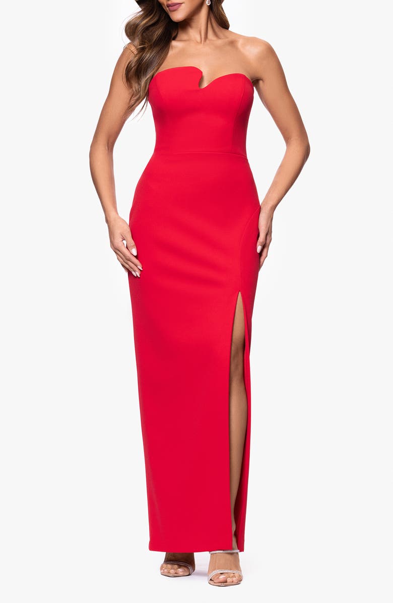 Xscape Evenings Strapless Asymmetric Evening Gown, Main, color, Red