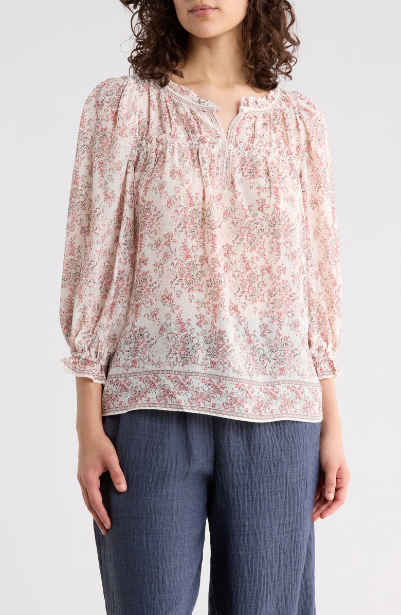 MAX STUDIO Floral Three-Quarter Bubble Sleeve Top, Main, color, Cream/ Red Rosette Toile