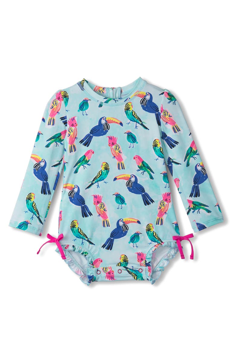 Hatley Tropical Birds Long Sleeve Rashguard Swimsuit, Main, color, 
