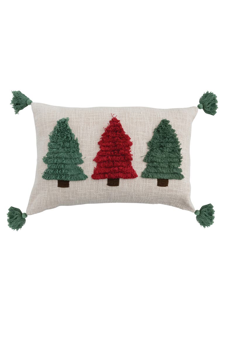 Slub Lumbar Pillow with Embroidered Fringe Trees & Tassels, Green & Red, Main, color, Green & Red